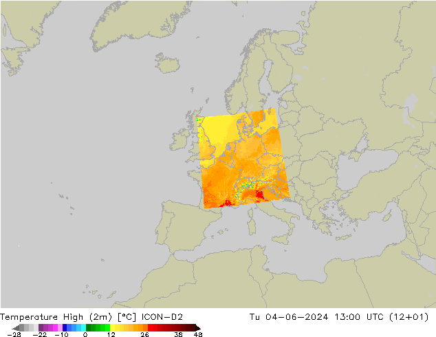 Temp. massima (2m) ICON-D2 mar 04.06.2024 13 UTC