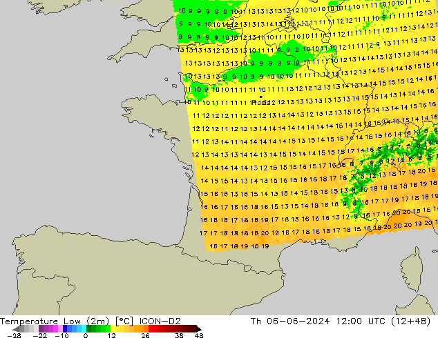 Min.temperatuur (2m) ICON-D2 do 06.06.2024 12 UTC