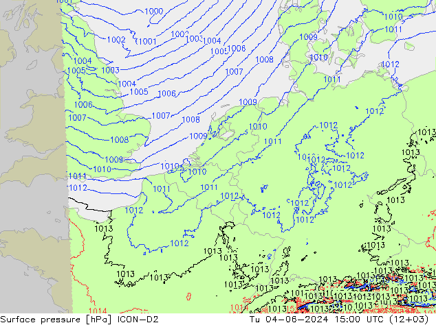地面气压 ICON-D2 星期二 04.06.2024 15 UTC