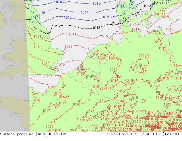 Surface pressure ICON-D2 Th 06.06.2024 12 UTC