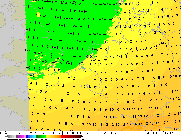 Height/Temp. 850 hPa ICON-D2 Mi 05.06.2024 12 UTC