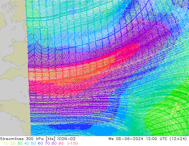 风 300 hPa ICON-D2 星期三 05.06.2024 12 UTC