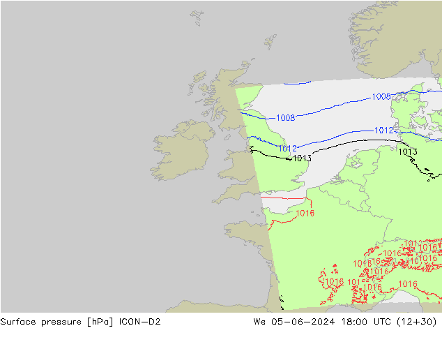 Presión superficial ICON-D2 mié 05.06.2024 18 UTC