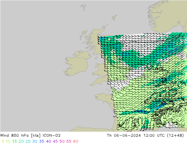 Viento 850 hPa ICON-D2 jue 06.06.2024 12 UTC