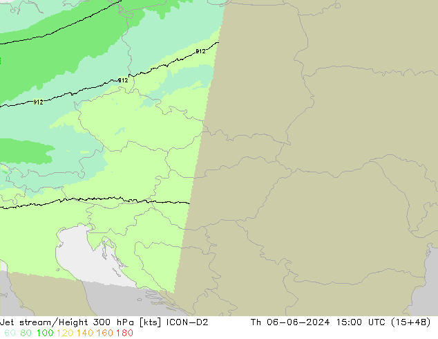 Jet stream/Height 300 hPa ICON-D2 Th 06.06.2024 15 UTC