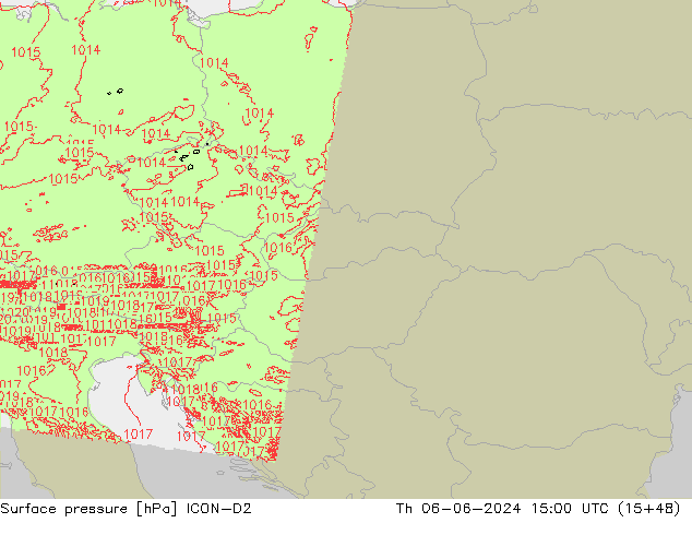 Presión superficial ICON-D2 jue 06.06.2024 15 UTC