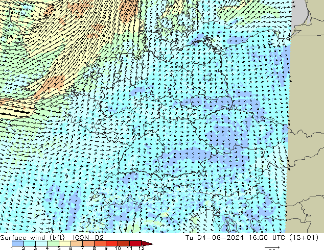 Bodenwind (bft) ICON-D2 Di 04.06.2024 16 UTC