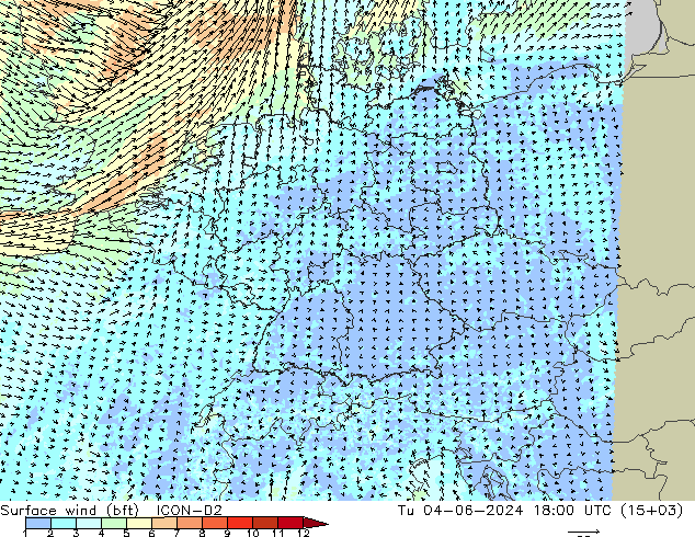 Vento 10 m (bft) ICON-D2 mar 04.06.2024 18 UTC