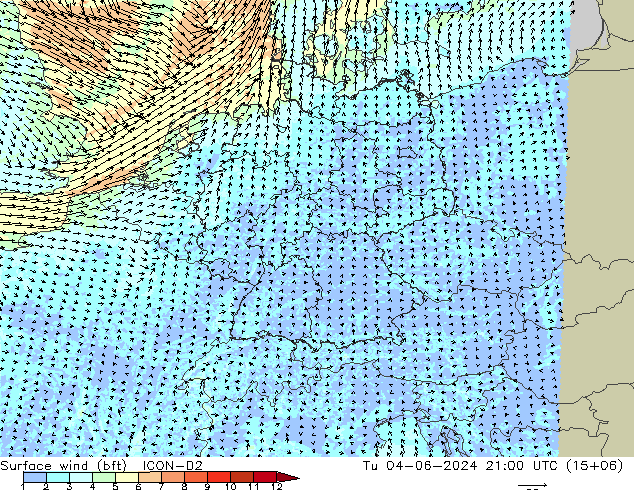 Surface wind (bft) ICON-D2 Út 04.06.2024 21 UTC