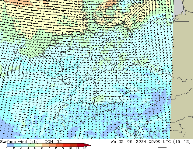 Rüzgar 10 m (bft) ICON-D2 Çar 05.06.2024 09 UTC