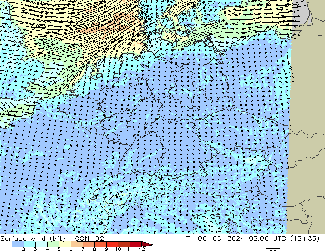 Surface wind (bft) ICON-D2 Th 06.06.2024 03 UTC