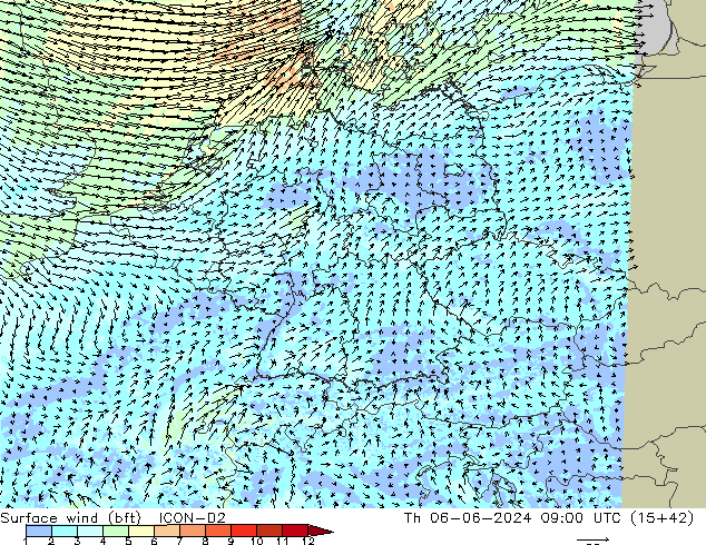 Surface wind (bft) ICON-D2 Th 06.06.2024 09 UTC