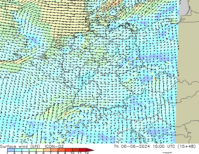 Bodenwind (bft) ICON-D2 Do 06.06.2024 15 UTC