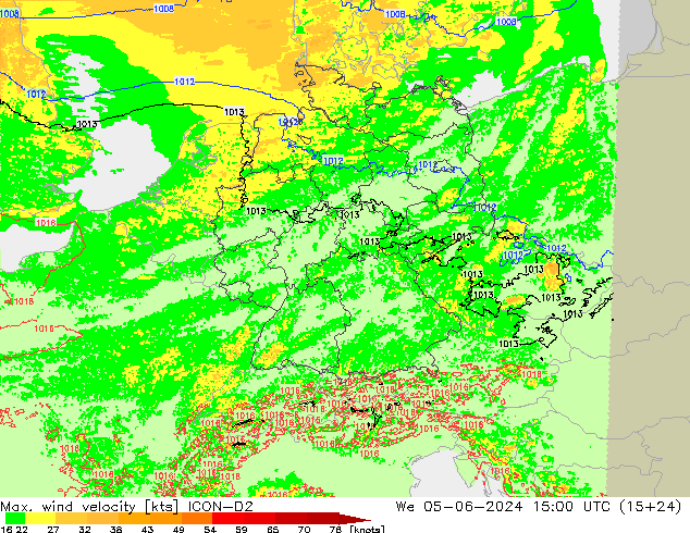 Max. wind snelheid ICON-D2 wo 05.06.2024 15 UTC