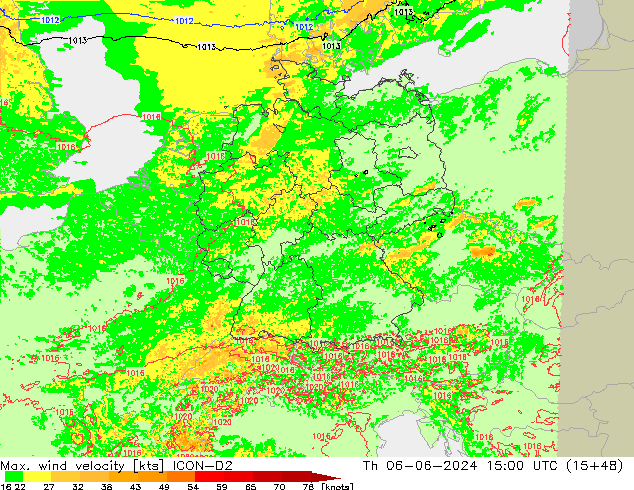 Max. wind velocity ICON-D2 jue 06.06.2024 15 UTC