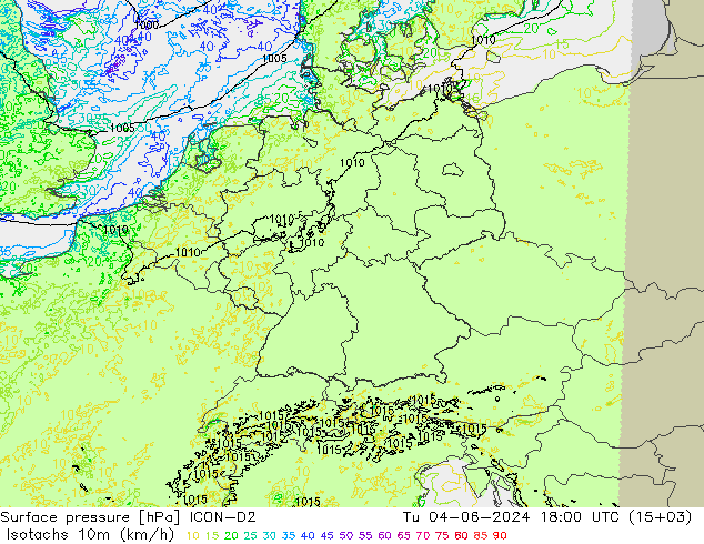 Isotachen (km/h) ICON-D2 Di 04.06.2024 18 UTC