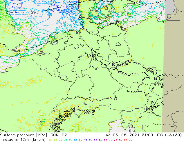 Eşrüzgar Hızları (km/sa) ICON-D2 Çar 05.06.2024 21 UTC