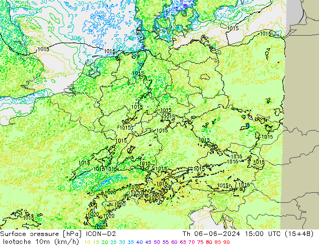 Isotaca (kph) ICON-D2 jue 06.06.2024 15 UTC