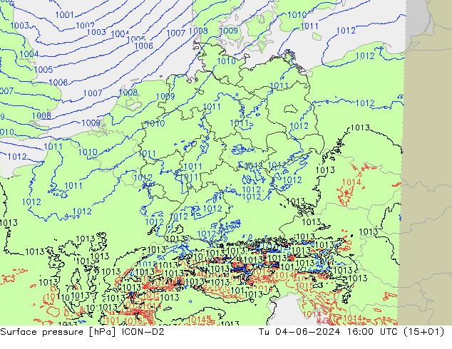 Luchtdruk (Grond) ICON-D2 di 04.06.2024 16 UTC