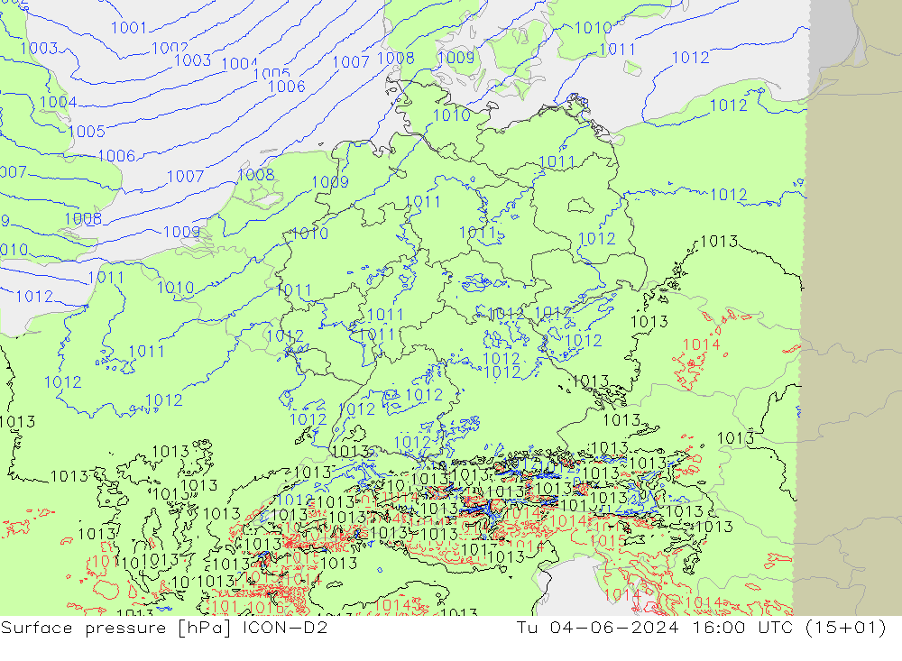 Atmosférický tlak ICON-D2 Út 04.06.2024 16 UTC