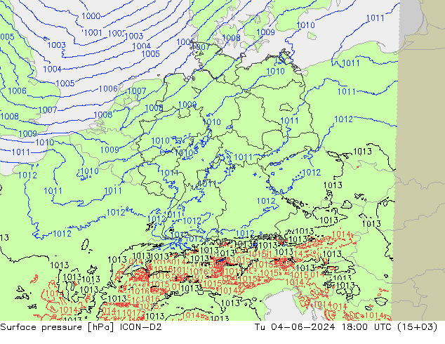 Surface pressure ICON-D2 Tu 04.06.2024 18 UTC