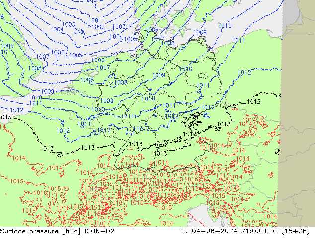 地面气压 ICON-D2 星期二 04.06.2024 21 UTC