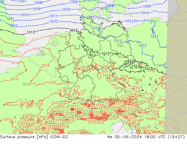 Atmosférický tlak ICON-D2 St 05.06.2024 18 UTC