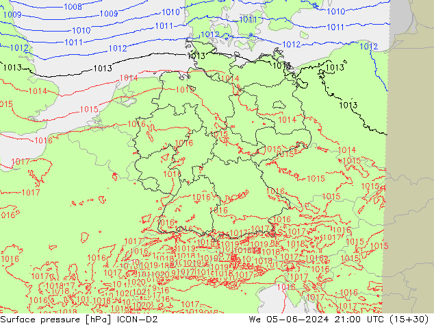 pressão do solo ICON-D2 Qua 05.06.2024 21 UTC