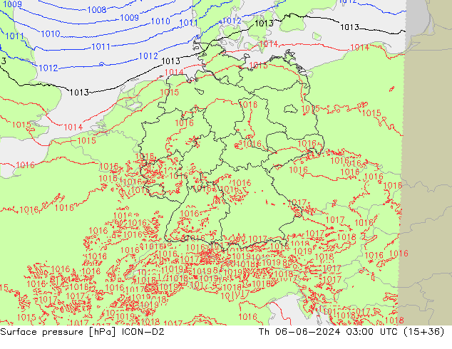 Surface pressure ICON-D2 Th 06.06.2024 03 UTC