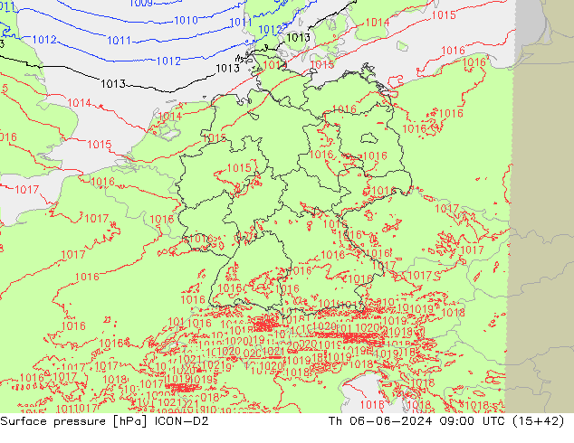 Surface pressure ICON-D2 Th 06.06.2024 09 UTC