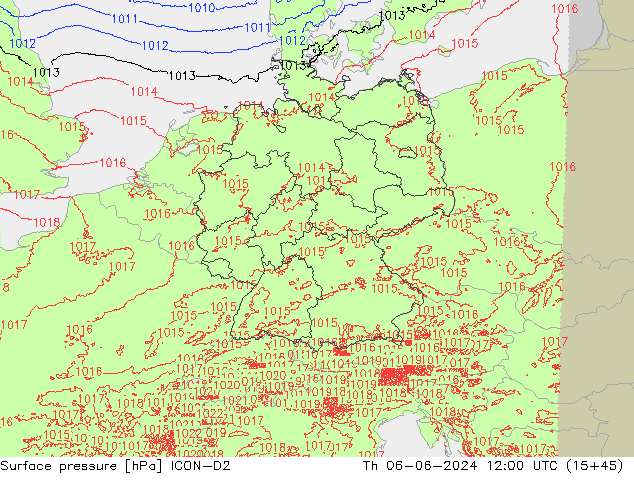 Surface pressure ICON-D2 Th 06.06.2024 12 UTC