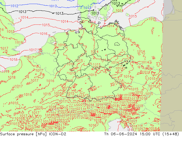 Pressione al suolo ICON-D2 gio 06.06.2024 15 UTC