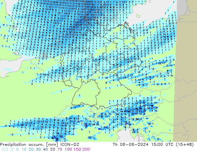 Precipitation accum. ICON-D2 czw. 06.06.2024 15 UTC