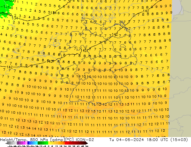 Height/Temp. 850 hPa ICON-D2 Út 04.06.2024 18 UTC