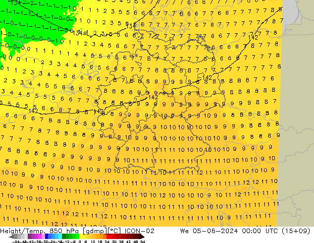 Height/Temp. 850 hPa ICON-D2  05.06.2024 00 UTC