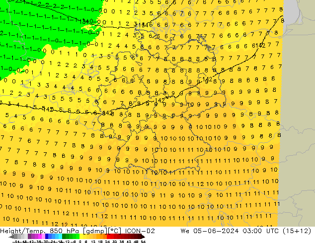 Height/Temp. 850 hPa ICON-D2 Mi 05.06.2024 03 UTC