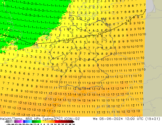 Height/Temp. 850 hPa ICON-D2 We 05.06.2024 12 UTC