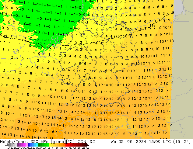 Height/Temp. 850 hPa ICON-D2 St 05.06.2024 15 UTC