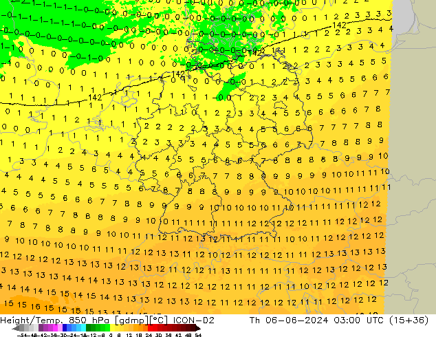 Height/Temp. 850 hPa ICON-D2 Th 06.06.2024 03 UTC