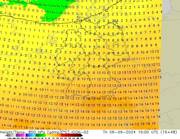 Height/Temp. 850 hPa ICON-D2 Do 06.06.2024 15 UTC