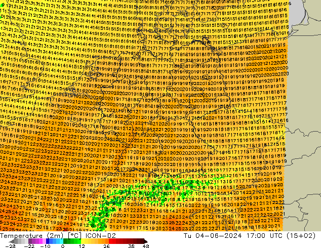 Temperatura (2m) ICON-D2 mar 04.06.2024 17 UTC