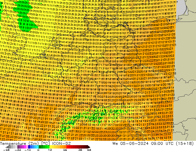 Temperatuurkaart (2m) ICON-D2 wo 05.06.2024 09 UTC