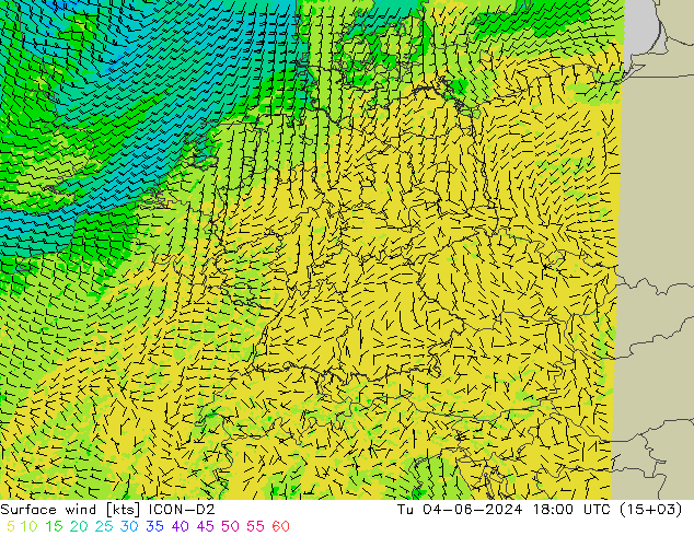 Surface wind ICON-D2 Tu 04.06.2024 18 UTC