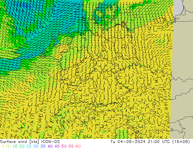 Rüzgar 10 m ICON-D2 Sa 04.06.2024 21 UTC