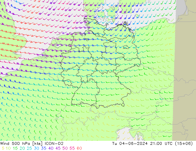 Rüzgar 500 hPa ICON-D2 Sa 04.06.2024 21 UTC