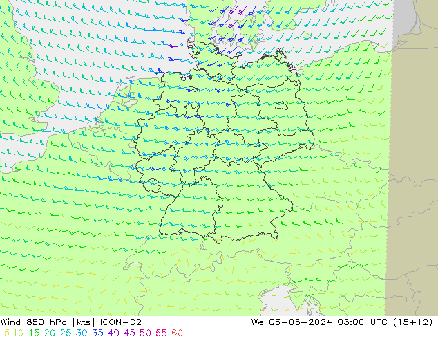 Wind 850 hPa ICON-D2 wo 05.06.2024 03 UTC