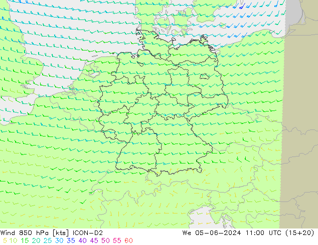 Wind 850 hPa ICON-D2 We 05.06.2024 11 UTC