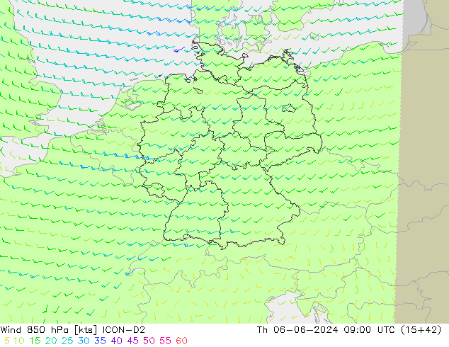 Wind 850 hPa ICON-D2 Čt 06.06.2024 09 UTC