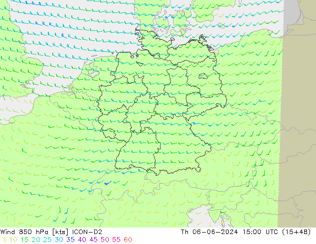 Wind 850 hPa ICON-D2 Th 06.06.2024 15 UTC