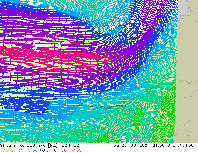 ветер 300 гПа ICON-D2 ср 05.06.2024 21 UTC